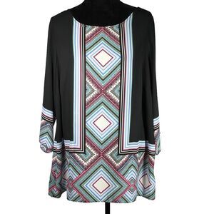 Rose & Olive Chiffon Top Black Blue Geometric Print Shirt Lightweight Blouse